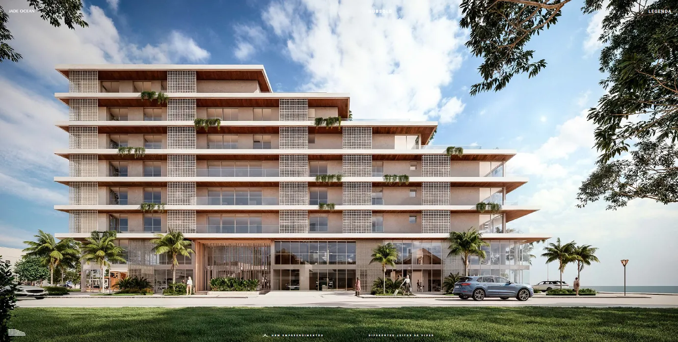 Jade Ocean — Render interior sala de estar com vista para o oceano